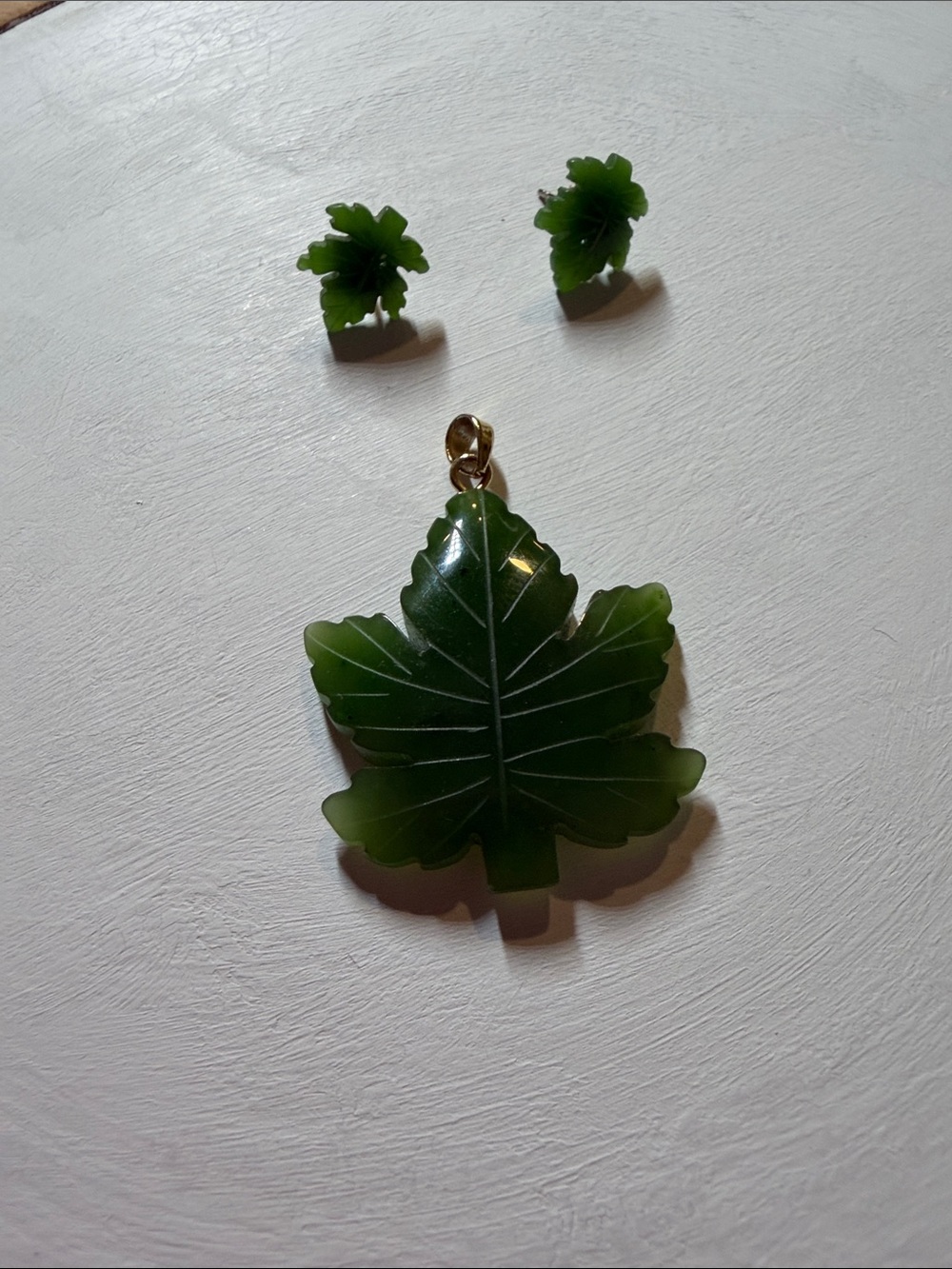 Dark Green Stone Pendant and Earring Set shaped like maple leaf